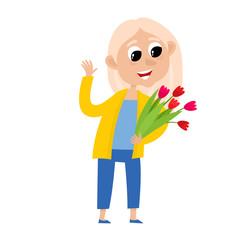 Vector cartoon illustration of grandmother with flower isolated on white.