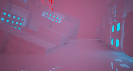 Abstract  white Futuristic Sci-Fi interior With Red And Blue Glowing Neon Tubes . 3D illustration and rendering.