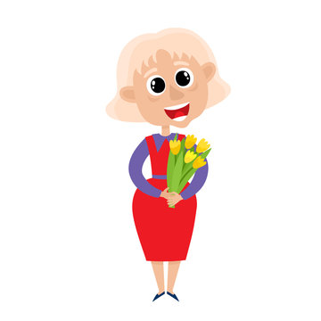Vector cartoon illustration of grandmother with flower isolated on white.