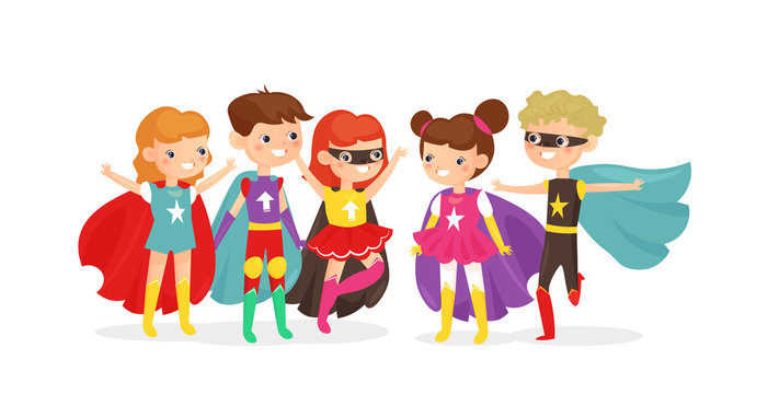 Vector illustration of kids wearing colorful superhero costumes. Superhero kids have fun together, children friends on costume party isolated on white background, cartoon flat style.