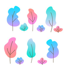 Obraz premium Vector illustration set of flat trees and bushes. Various trees with color gradient. Simple cartoon trees on white background.