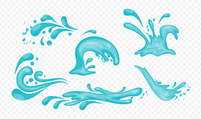Fototapeta na wymiar Vector illustration set of blue water splashes and waves in flat style isolated on transparent background.