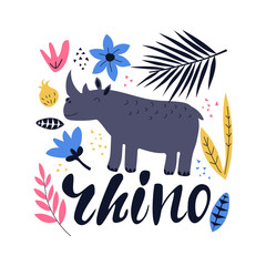 Hand drawn colorful rhino with flowers. Rhino - word with cute design. Scandinavian style design. Vector illustration