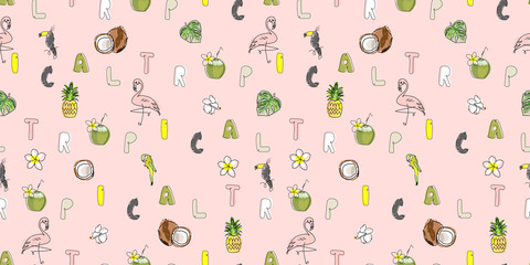 Tropical seamless pattern with cute hand drawn doodle animals