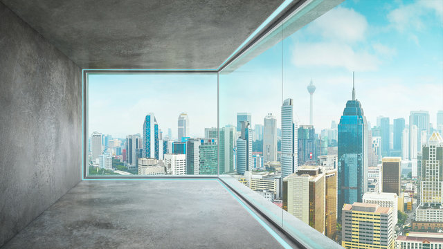 Fototapeta Empty loft unfurnished contemporary interior office with city skyline and buildings city from glass window .