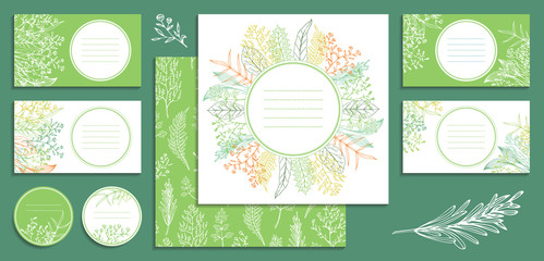 Set of vector templates for invitations, banners, brochures, visiting, greeting and business cards, postcards, covers, labels. Floral design with wildflowers, herbs, and leaves. Seamless pattern.