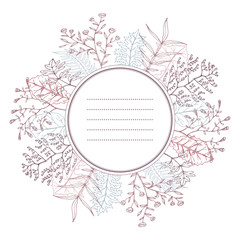 Floral card with herbal, twigs, leaves and branches wreath.