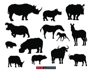 African animals silhouettes set. Rhino, zebra, hippo, buffalo. Template for your design works. Vector illustration.