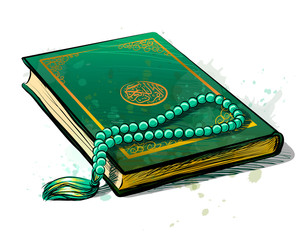 The holy book of the Koran is green with a rosary. Vector sketch drawn image with watercolor splashes on white background
