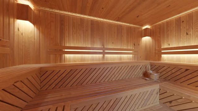 Interior of wooden Finnish sauna. Comfortable Bathouse for SPA and relaxation