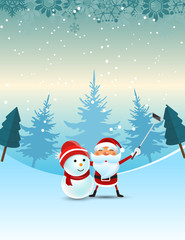 Merry Christmas Santa Claus and the snowman Taking a Photo on snow, Vector illustration.