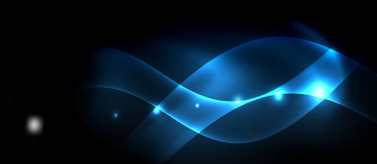 Dark background with neon color waves, vector template