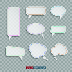 Abstract transparent quote bubbles set. Shadows and colored contours. Transparent background. Vector illustration.