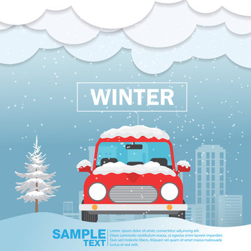 Car Front View On Snow Winter Season Vector Illustration