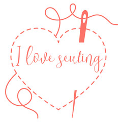 Stitched heart and needle with thread. Sewing