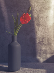 Fresh tulip is in a gray vase-bottle on a gray stone background.