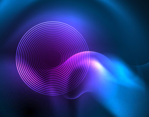 Neon glowing wave lines, blue hi-tech futuristic abstract background template
