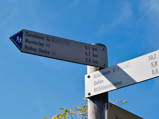 signpost with hiking paths in Muellenborn, Germany