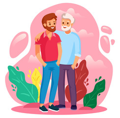 Couple of smiling adult men. One guy is hugging the other guy. Element lgbt and gay parade, protest. Vector illustration with lgbt man