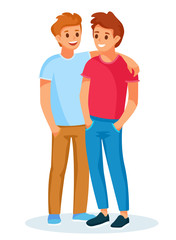 Young couple of smiling white men, ginger and brunette. One guy is hugging the other guy. Element lgbt and gay parade, protest. Vector illustration with lgbt man