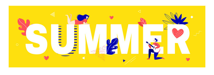 Summer poster with dreaming girl, boy playing the guitar, text, plants and graphic elements on yellow background. Funny card in trendy flat linear style. Vector banner.