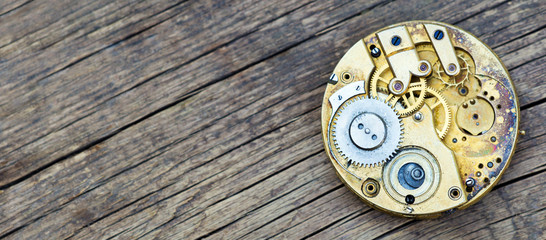 Vintage business pocket watch web banner, clock time mechanism, metal gears with copy space