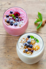 Yellow raspberries smoothie with coconut and almonds