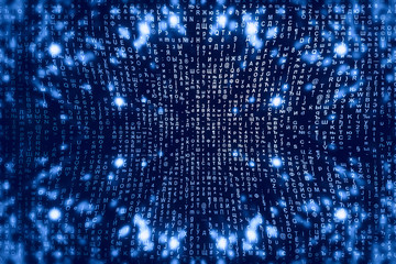 Blue matrix digital background. Abstract cyberspace concept. Characters fall down. Matrix from symbols stream. Virtual reality design. Complex algorithm data hacking. Cyan digital sparks.