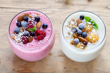 Yellow raspberries smoothie with coconut and almonds