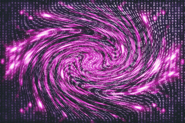 Pink matrix digital background. Distorted cyberspace concept. Characters fall down in wormhole. Hacked matrix. Virtual reality design. Complex algorithm data hacking. Pink digital sparks.