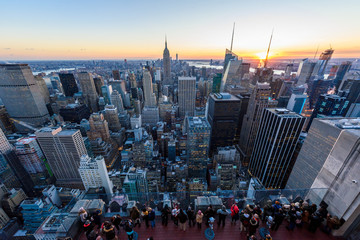 Panorama view of Midtown Manhattan skyline with the Empire State Building from the Rockefeller...