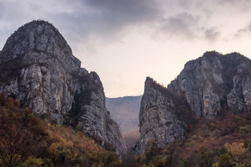 Grandiose entrance to canyon of Jerma river during autumn in Serbia, near Pirot city and Bulgarian border