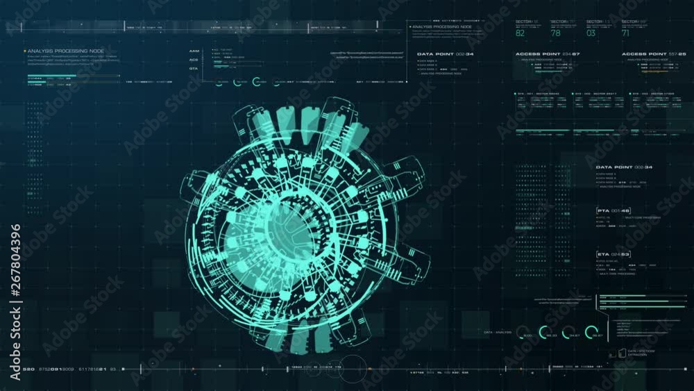 Fototapete Advance motion graphic futuristic user interface head up display screen with Holographic electromagnetic machine with gravitational fields energy particles wave and digital data telemetry information 