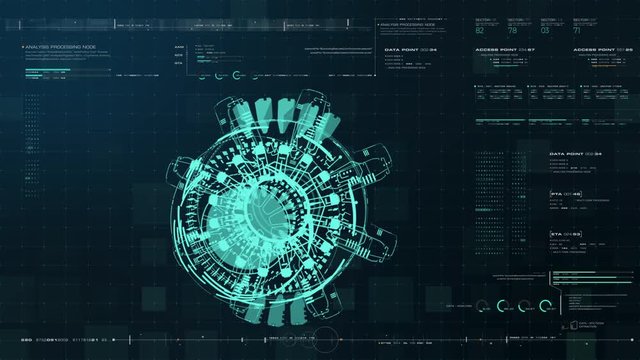 Advance motion graphic futuristic user interface head up display screen with Holographic electromagnetic machine with gravitational fields energy particles wave and digital data telemetry information 