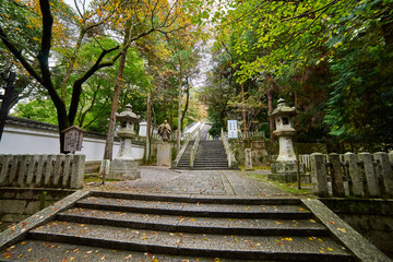 Kyoto, Japan - November 9, 2016: Beautiful long staircase of Chionin temple which is the head temple of the Jodo sect of Japanese Buddhism in Kyoto, Japan