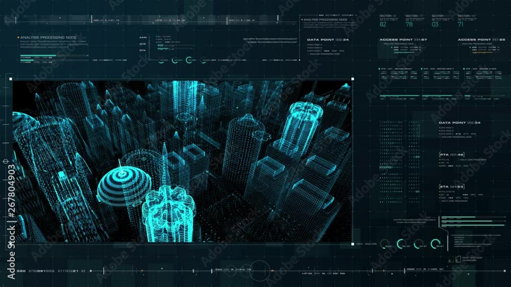 Aufkleber Futuristic motion graphic user interface head up display screen with digital data city map telemetry information display for digital background computer desktop display screen