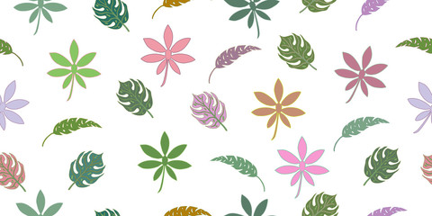 Seamless pattern with tropical leaves and herbs. Isolated elements on a white background.