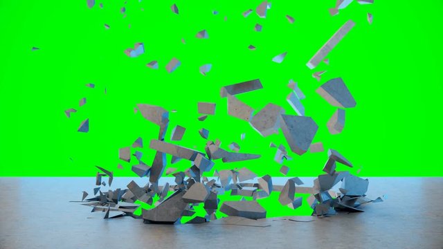 Cracked earth abstract background. Explosion destroys the wall, broken concrete wall. Wall fly to pieces. Hole in wall. Mock-up for your design project. 4K 3D animation on a green background