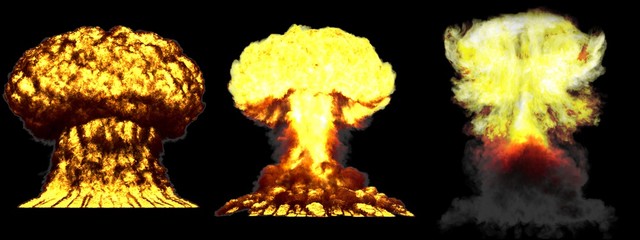 3D illustration of explosion - 3 huge high detailed different phases mushroom cloud explosion of thermonuclear bomb with smoke and fire isolated on black