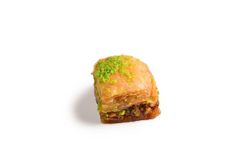 Pistachio baklava on a white background. Dessert.