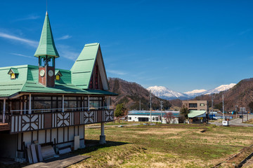 church with central alps mountain, Yamanouchi