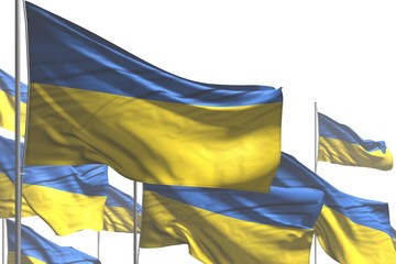cute many Ukraine flags are waving isolated on white - any occasion flag 3d illustration..
