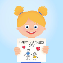 Happy Father's Day card with child holding drawing picture postcard, cartoon vector illustration