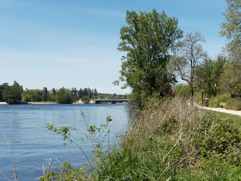 La ville de Vichy. Le pont de Bellerive depuis le parc Kennedy au bord de l'Allier 
