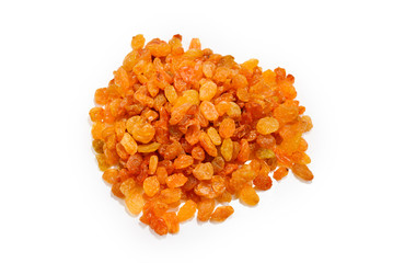 Golden raisins isolated on white background.