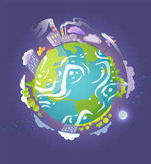 Earth vector, planet with continents and oceans flat style isolated land with skyscrapers and high building with harmful gas emission, protection