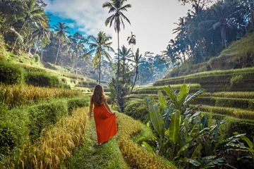Fototapete Bali Junge Frau im roten Kleid zu Fuß in Reisfeldern Bali in Tegallalang. Rustikale Dorflandschaft von Ubud draußen. Modestil