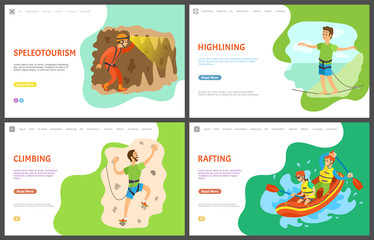 Speletourism and man climbing wall training vector, practicing male holding rocks, rafting team in boat. Highlining person balancing walking on thin line. Website template, landing page flat style