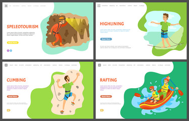 Fototapeta premium Speletourism and man climbing wall training vector, practicing male holding rocks, rafting team in boat. Highlining person balancing walking on thin line. Website template, landing page flat style