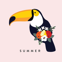 Summer tropical greeting card, invitation.Toucan bird with olive, eucalyptus leaves, oranges, lemon fruit and flowers. Vector illustration background, flat design.